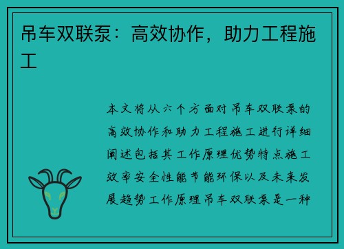 吊车双联泵：高效协作，助力工程施工
