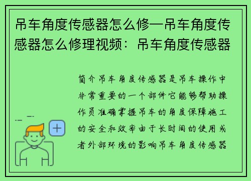 吊车角度传感器怎么修—吊车角度传感器怎么修理视频：吊车角度传感器修理的关键技巧