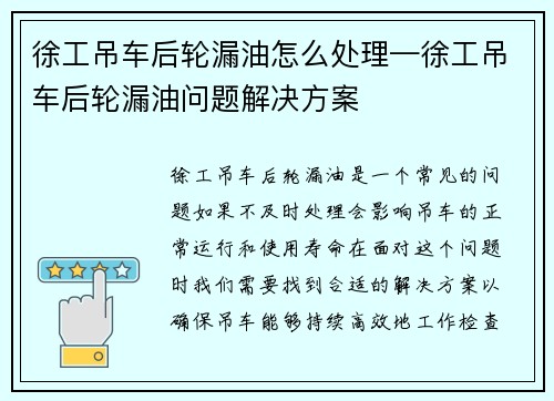 徐工吊车后轮漏油怎么处理—徐工吊车后轮漏油问题解决方案