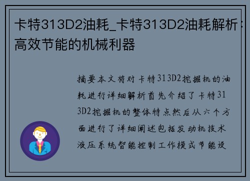 卡特313D2油耗_卡特313D2油耗解析：高效节能的机械利器