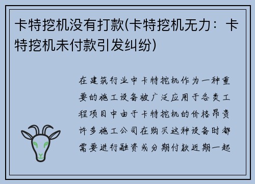 卡特挖机没有打款(卡特挖机无力：卡特挖机未付款引发纠纷)