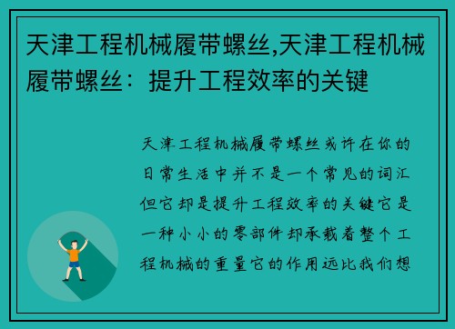 天津工程机械履带螺丝,天津工程机械履带螺丝：提升工程效率的关键