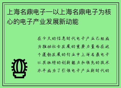 上海名鼎电子—以上海名鼎电子为核心的电子产业发展新动能